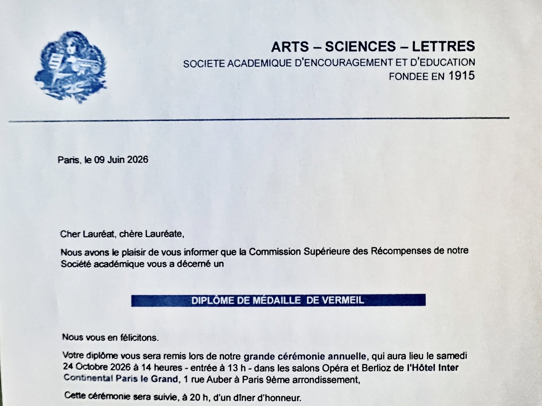 2026 – Médaille de vermeil – Commission des Récompenses de l&rsquo;Académie des Arts-Sciences-Lettres